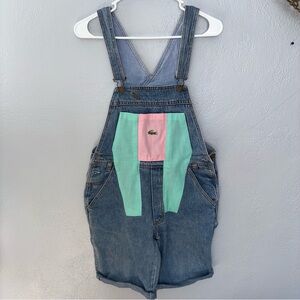 Lacoste Vintage Women’s Denim Overalls with Pink and Green Accents sz 4